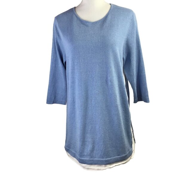 J. Jill Linen Blend Knit Sweater Tunic 3/4 Sleeve Shirt Blue White Faux Layers - Picture 4 of 9